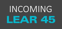 Text "INCOMING LEAR 45" in white and turquoise on a dark gray background, highlighting a 2000 Lear 45 For Sale Used Corporate Jet at General Aviation Services.
