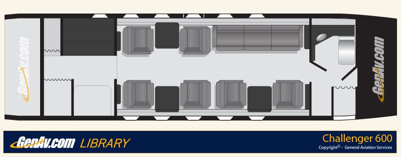 Top-down floor plan of a Challenger 600 jet interior, showing two clusters of seats, a sofa, a galley, and a lavatory.