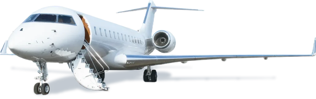 A white private jet with its door open and stairs extended, ready for boarding, is parked on the tarmac.