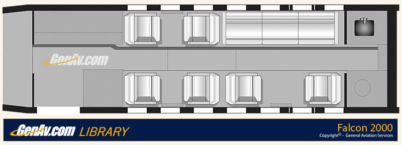 Top-down diagram of a Falcon 2000 jet interior showing seating arrangement, couches, and a galley area.