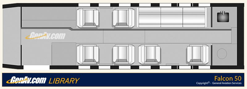 Top-down diagram of a Falcon 50 jet interior showing seating, a sofa, and a galley area.