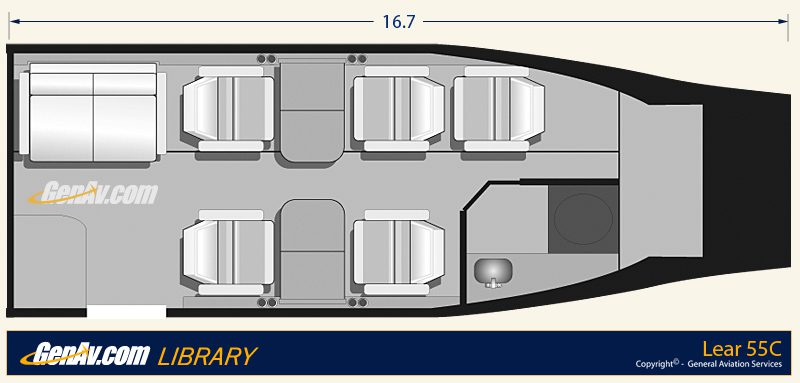 Top-down diagram of a Lear 55C jet cabin showing six seats, a small galley, a lavatory, and baggage area; cabin length is 16.7 feet.