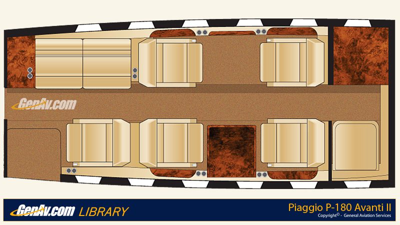 Diagram of a Piaggio P-180 Avanti II cabin layout showing two sofas, four single seats, and two tables arranged in a business jet interior.