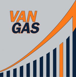 A graphic with the words "VAN GAS" and an upward-trending bar and line chart in orange and navy on a gray background.